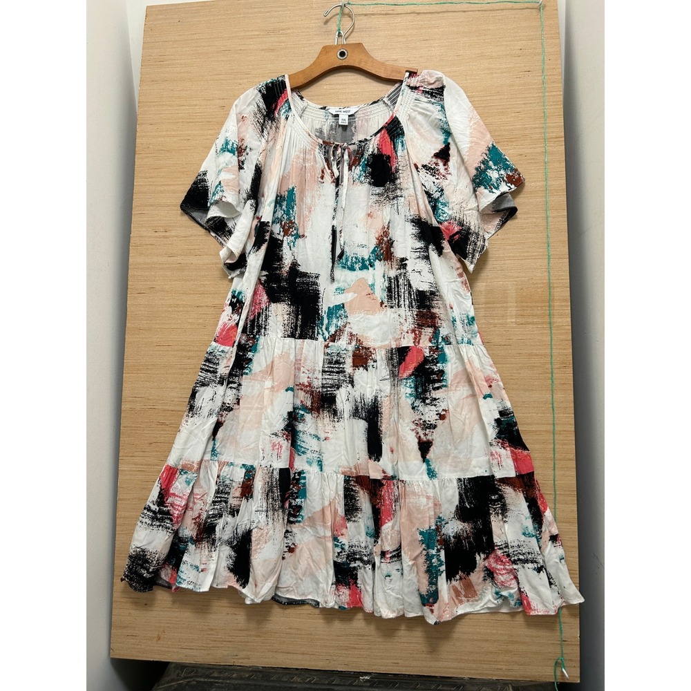 Nine West XXL Abstract Brushstroke Tiered Mini Dress Short‎ Sleeve Smock